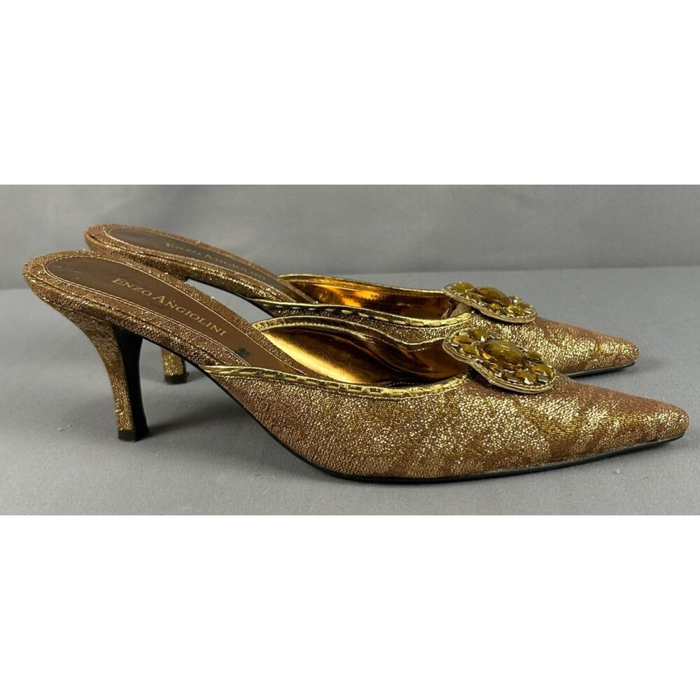 Enzo Angiolini Eazared Gold Metallic Glitter Mule Kitten Heels Jewel Sz 8.5M
